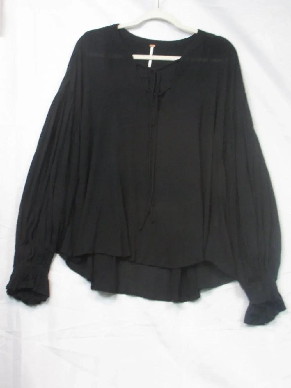 Free People Black Peasant Blouse Pleated Oversized Front Ties Top Size S/P